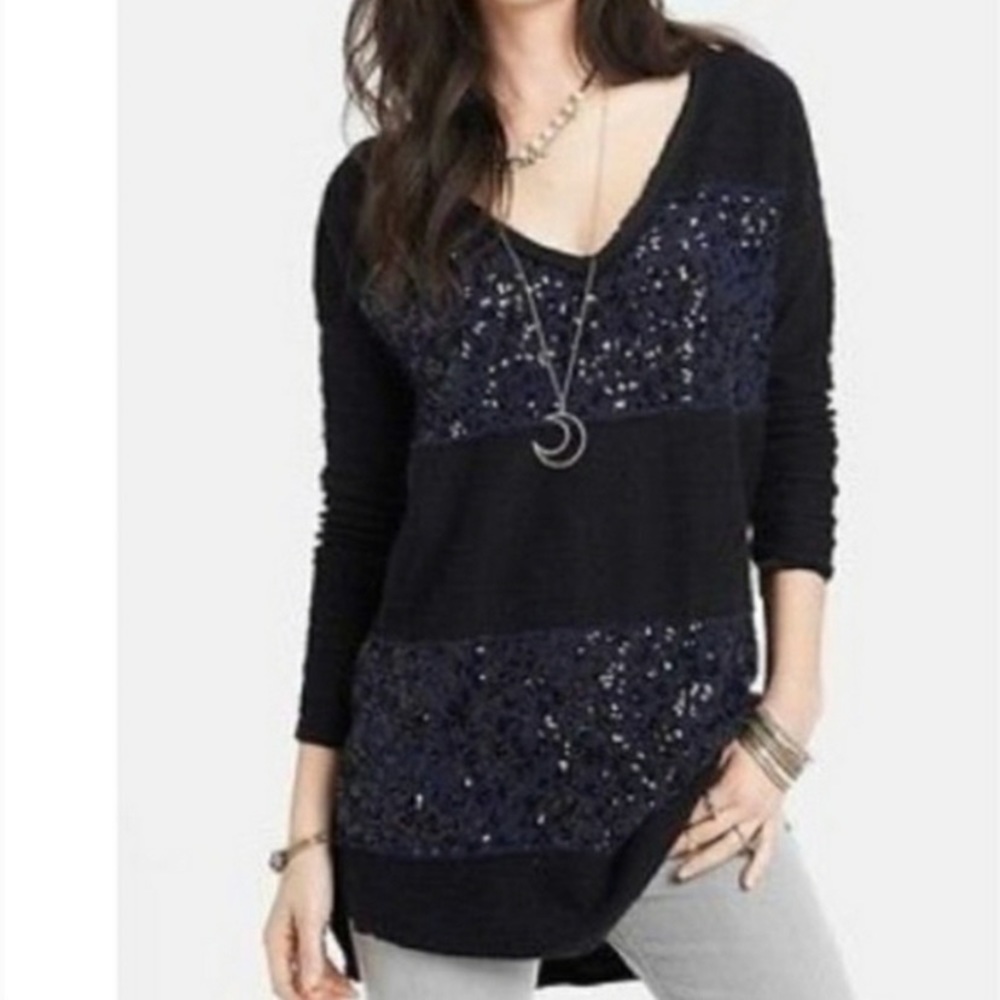 Free People sequined knit tunic blue and black